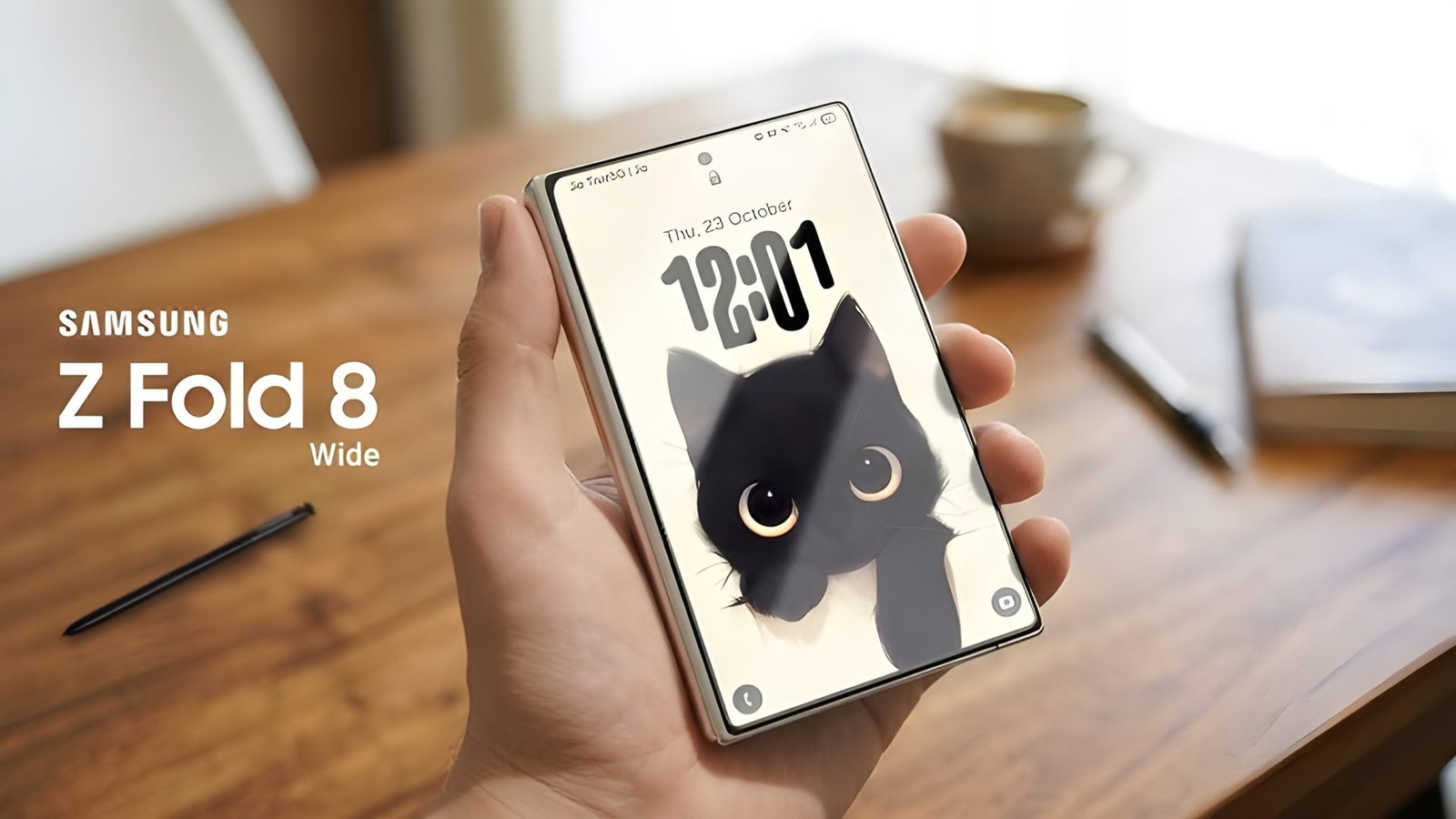 The Samsung Galaxy Z Fold 8 Wide, a foldable smartphone with a squat design, featuring a large screen and compact form factor, perfect for those seeking a unique mobile experience in the UK, with a colour scheme that showcases its innovative behaviour