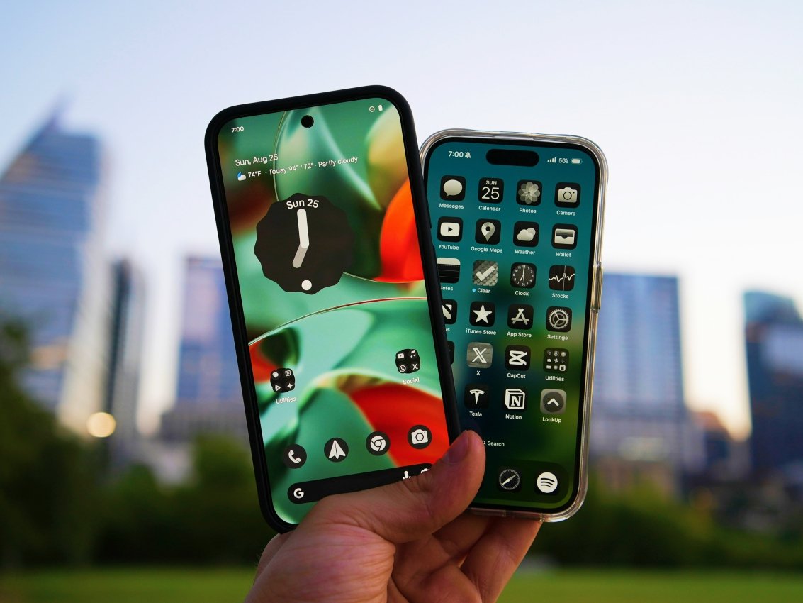 Android Outpaces iPhone: UK Users Rejoice at Faster Web Browsing 1 A person holding an Android device, with a fast and seamless web browsing experience, thanks to Google's software-hardware integration, in the UK, with a cityscape in the background, highlighting the speed and efficiency of Android devices