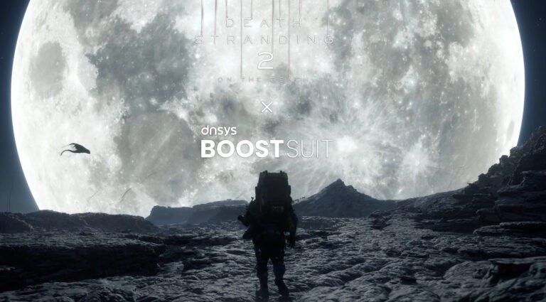 A person wearing a limited-edition Dnsys Z1 knee exoskeleton, reflecting the world of Death Stranding 2: On The Beach, with a beautiful colour scheme and advanced design, providing mobility assistance in the UK