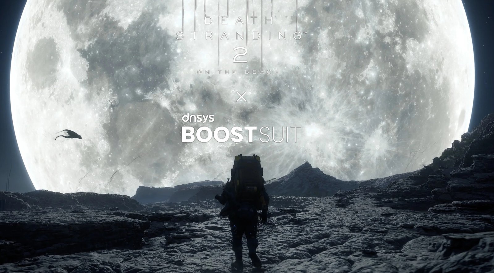 A person wearing a limited-edition Dnsys Z1 knee exoskeleton, reflecting the world of Death Stranding 2: On The Beach, with a beautiful colour scheme and advanced design, providing mobility assistance in the UK