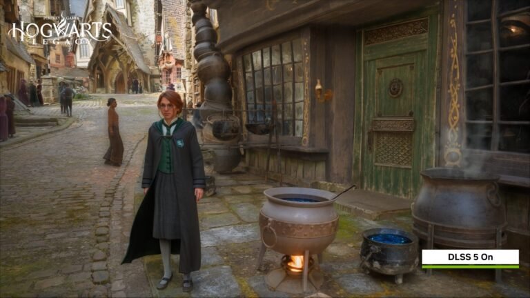 A descriptive image of a gamer playing a game with NVIDIA DLSS 5 technology, with a focus on the improved graphics rendering and artificial intelligence capabilities, set against a backdrop of the UK gaming industry