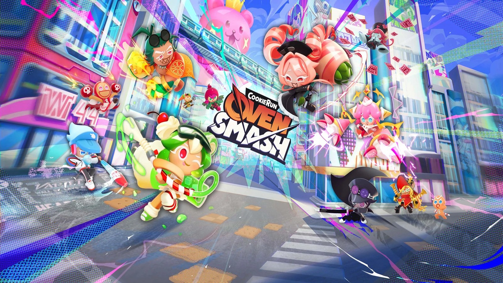 CookieRun: OvenSmash featured image with a group of characters from the game, showcasing the colour scheme and graphics, with the Braverse booster set logo in the centre, highlighting the game's unique features and gameplay