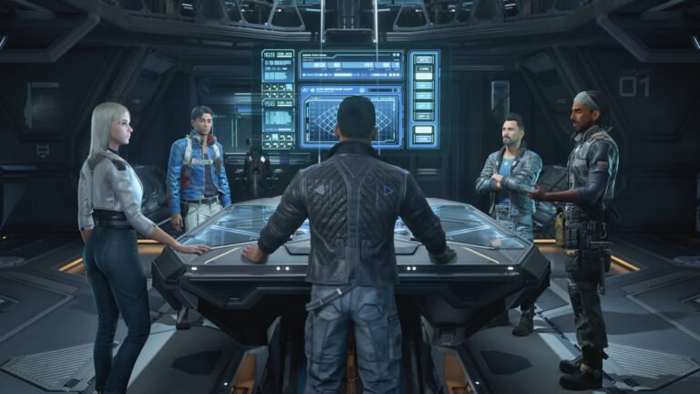 The Expanse: Osiris Reborn gameplay screenshot, showcasing a spaceship exploring a distant planet, with a diverse cast of companions and a richly detailed game world, highlighting the use of GenAI in game development