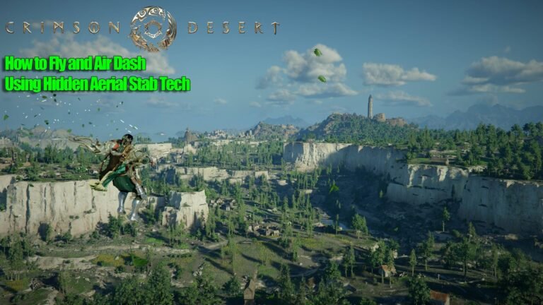 A screenshot of a player character flying through the air in Crimson Desert, with a beautiful landscape in the background, showcasing the game's stunning colour and detail, and demonstrating the Aerial Stab tech in action, a technique that is sure to revolutionise the way players interact with the game's world