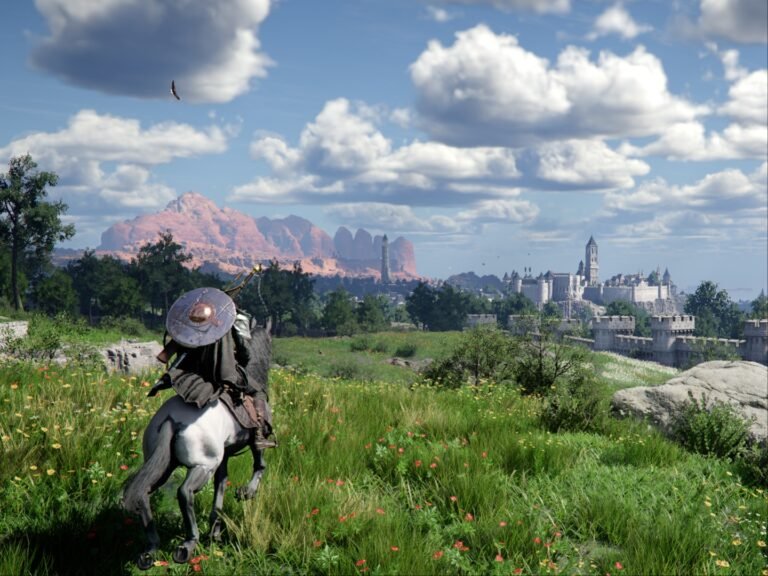 Crimson Desert gameplay screenshot showing a player exploring a vast desert landscape on horseback, with a city in the background, representing the game's unique blend of action and adventure, and its dynamic multiplayer mode, set in a fantasy world with a rich storyline and engaging gameplay, available in the UK