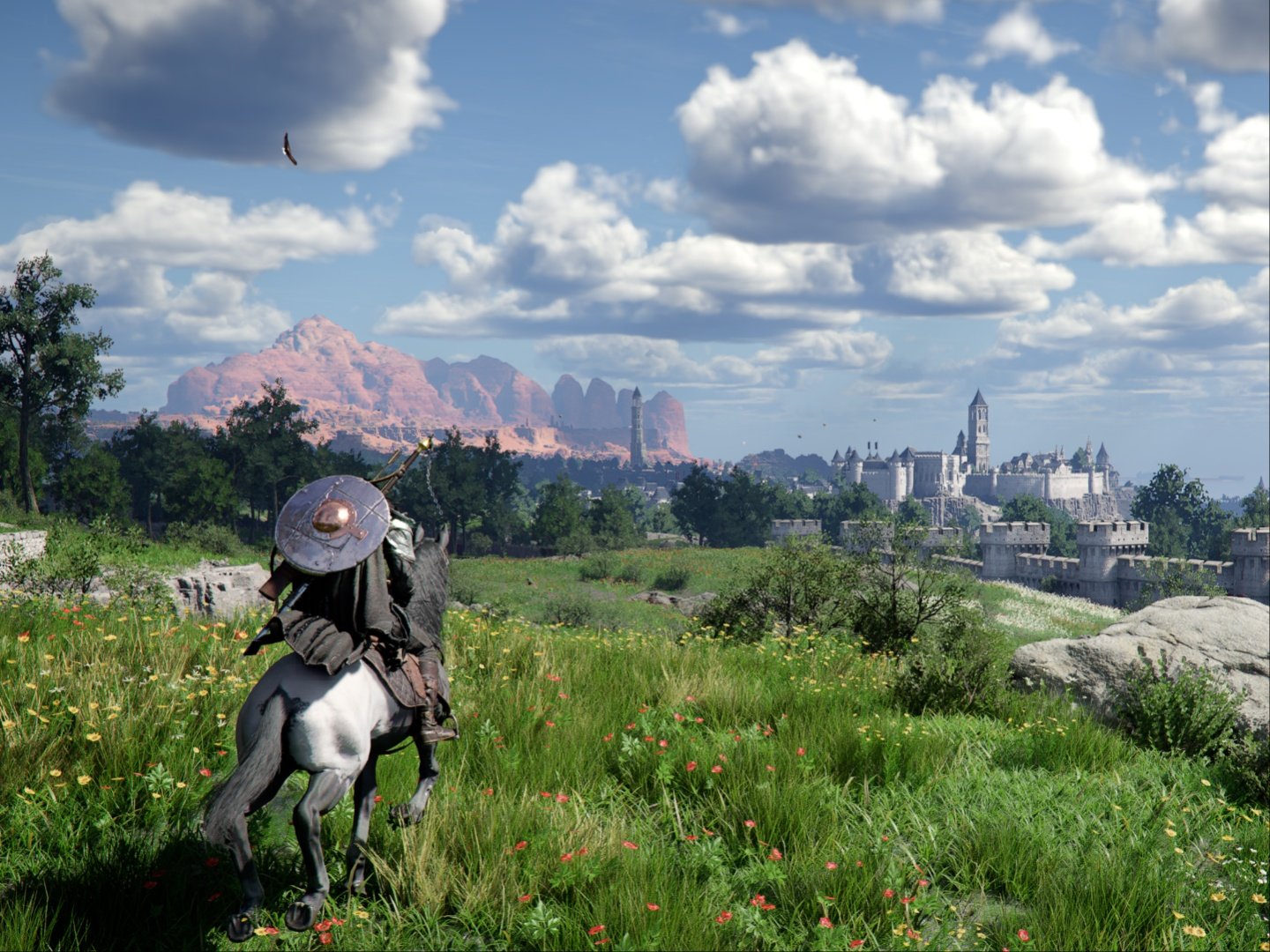 Crimson Desert gameplay screenshot showing a player exploring a vast desert landscape on horseback, with a city in the background, representing the game's unique blend of action and adventure, and its dynamic multiplayer mode, set in a fantasy world with a rich storyline and engaging gameplay, available in the UK