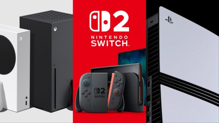 A person holding a PS5 controller, with a Nintendo Switch and Xbox Series X in the background, surrounded by UK gaming accessories and merchandise, with a cityscape at sunset