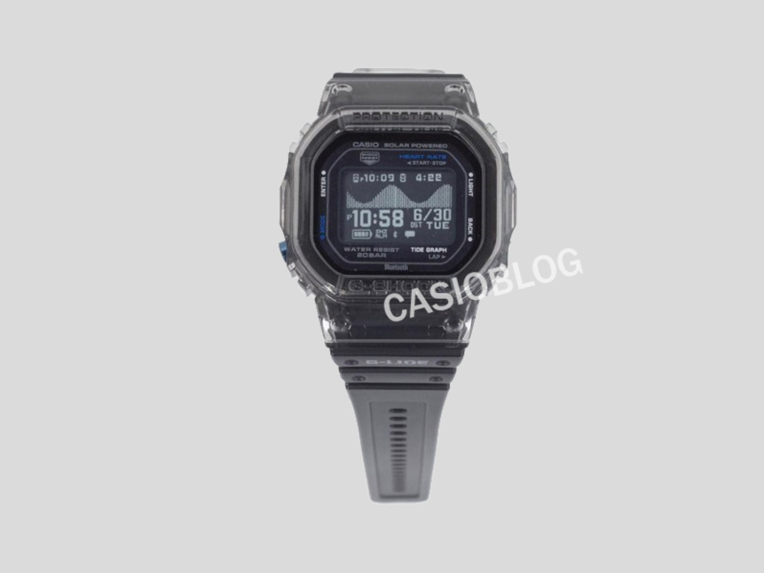 The Casio GBX-H5600 fitness tracking watch, featuring a square G-Shock design with heart-rate tracking, MIP display, solar charging, and Bluetooth support, available in the UK with a price tag of approximately £275