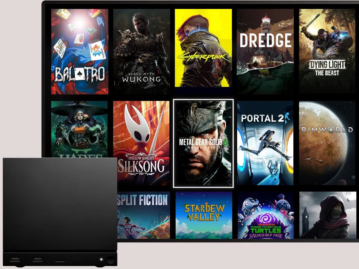 A descriptive image of the Steam Machine console, showcasing its sleek design and colourful interface, highlighting its potential to undercut the PS5 price hike in the UK gaming market