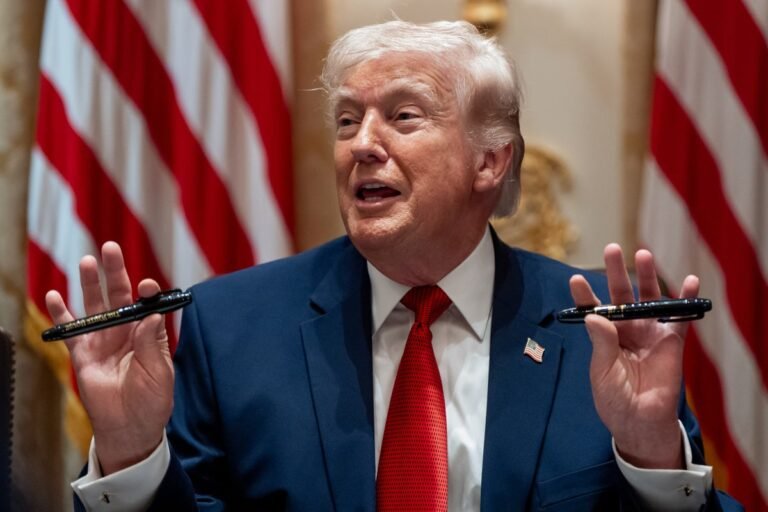A photo of Donald Trump holding a Sharpie pen, with a puzzled expression on his face, surrounded by his Cabinet members, with a caption that reads 'The Sharpie Saga: A Tale of Trump's Cabinet Conundrum'