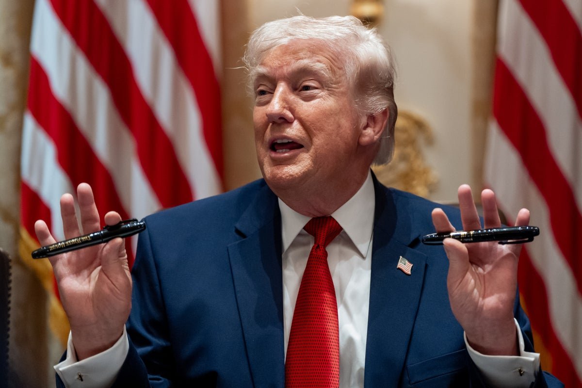 A photo of Donald Trump holding a Sharpie pen, with a puzzled expression on his face, surrounded by his Cabinet members, with a caption that reads 'The Sharpie Saga: A Tale of Trump's Cabinet Conundrum'