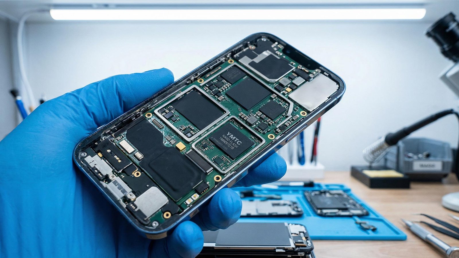 Apple iPhones with YMTC NAND chips, reducing storage costs and improving margins, in the UK market with a complex geopolitical landscape, using diplomatic approach to source superior NAND flash chips