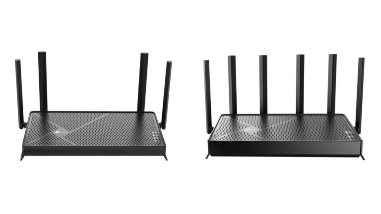 A person enjoying fast and stable Wi-Fi 7 internet connection in their UK home, with a TP-Link router in the background, providing up to 3,000 square feet of coverage and speeds fast enough for 8K video streaming