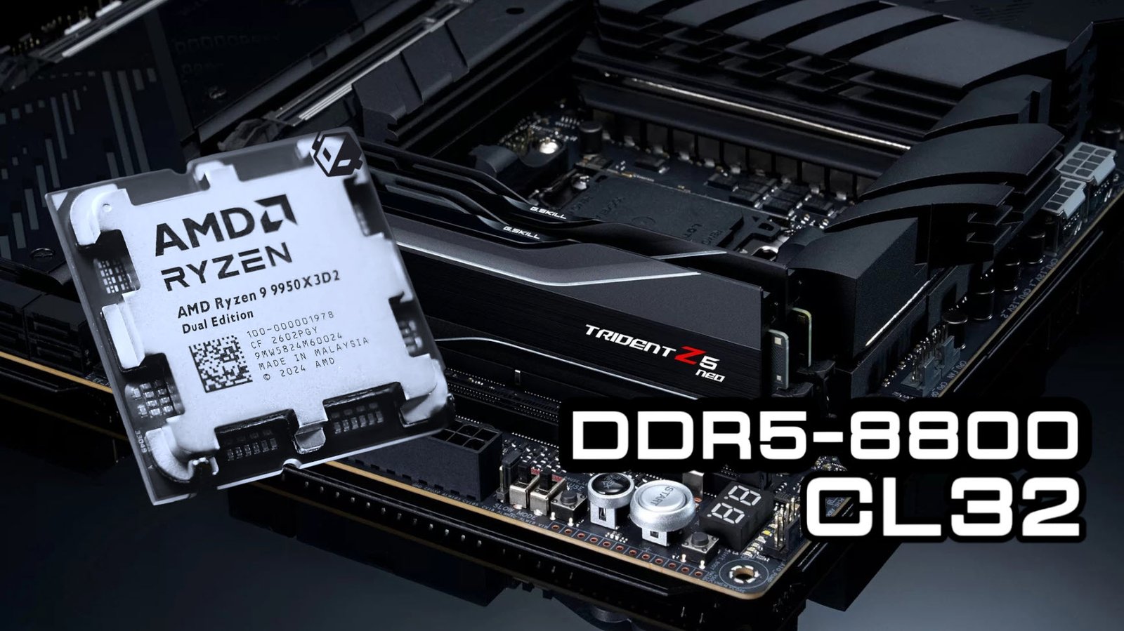 ASUS ROG X870E APEX Unleashes DDR5-8800 CL32 OC on AMD Ryzen 9 9950X3D2 CPU in the UK 1 The ASUS ROG X870E APEX motherboard, featuring a sleek design and impressive DDR5 OC capabilities, paired with the powerful AMD Ryzen 9 9950X3D2 CPU, offering a massive cache and unparalleled performance, perfect for gaming and content creation in the UK