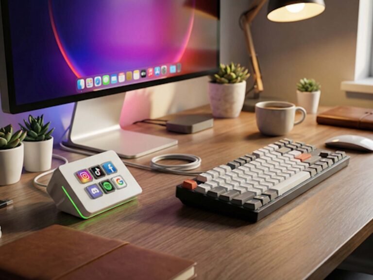 The VSDinside Stream Dock MiniW wireless controller, featuring customizable macros and integrated LCD displays, perfect for streamers and professionals in the UK, with a sleek design and vibrant colour