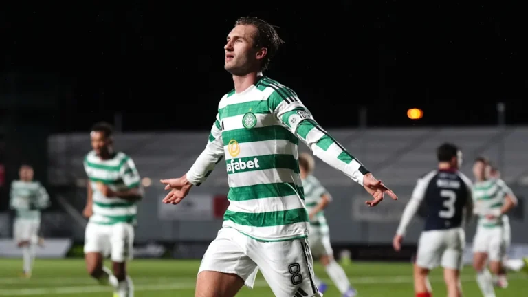 Celtic FC player Benjamin Nygren scoring winner
