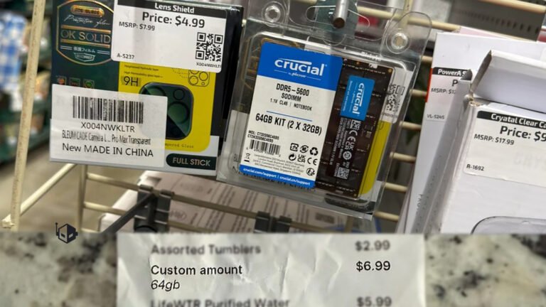 A close-up of a 64 GB DDR5 SO-DIMM RAM kit, with a blurred background of computer hardware components, highlighting the primary keyword DDR5 RAM