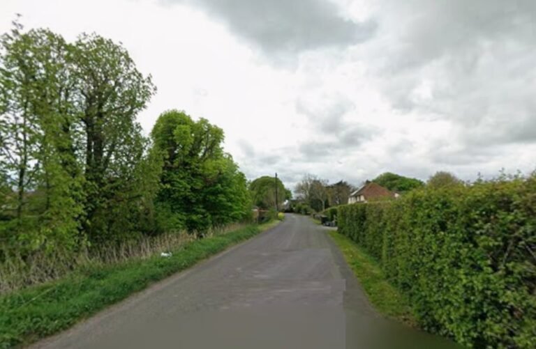 A village street at night, with a police car in the background, highlighting the issue of late night village attacks and the importance of village safety, with a focus on a teenager who was allegedly raped