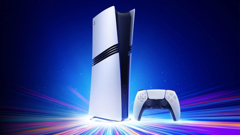 The PlayStation 5 Pro console with a UK gamer in the background, highlighting the console's lightning-fast speed and cutting-edge technology, available on Amazon for a limited time