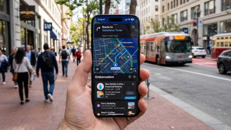 Apple Maps on an iPhone with a red pin marking a location, surrounded by potential ad space, highlighting the company's latest move to introduce ads to its mapping service in the UK, a decision that may impact user behaviour and overall experience