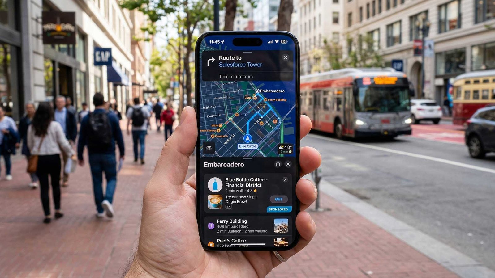 Apple Maps on an iPhone with a red pin marking a location, surrounded by potential ad space, highlighting the company's latest move to introduce ads to its mapping service in the UK, a decision that may impact user behaviour and overall experience