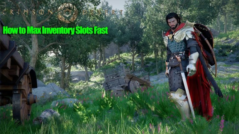 A screenshot of the Secret Extra Large Bag Location in Crimson Desert, with a character standing in front of a bag in the Hernand region, showcasing the game's inventory system and UK gaming scenery