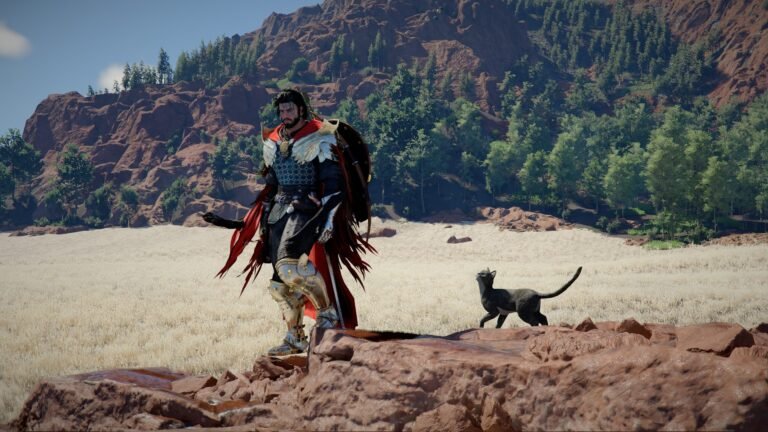 A screenshot of Crimson Desert with the Complete RT shader and ReSTIR GI enabled, showcasing the improved lighting and depth in the game's UK-inspired landscape