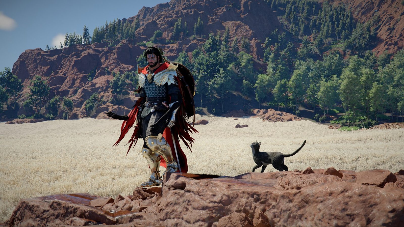 A screenshot of Crimson Desert with the Complete RT shader and ReSTIR GI enabled, showcasing the improved lighting and depth in the game's UK-inspired landscape