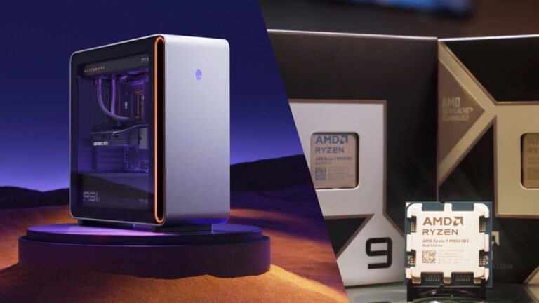 Alienware Area-51 desktop with AMD Ryzen 9 9950X3D2 processor, featuring a sleek design and advanced cooling system, perfect for UK gamers and content creators
