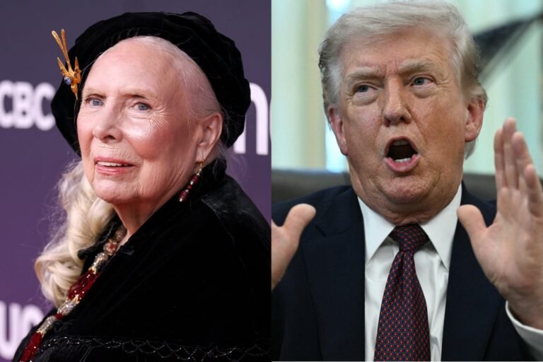 Joni Mitchell at Canada awards show with a bold expression, surrounded by colour and excitement, highlighting her primary keyword: Trump criticism
