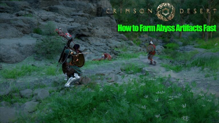 A screenshot of the Crimson Desert game interface, showcasing the 'Hidden' XP Bar and the circular minimap, with a focus on Abyss Artifacts and character progression in the UK, featuring a thrilling desert landscape with a crimson sky