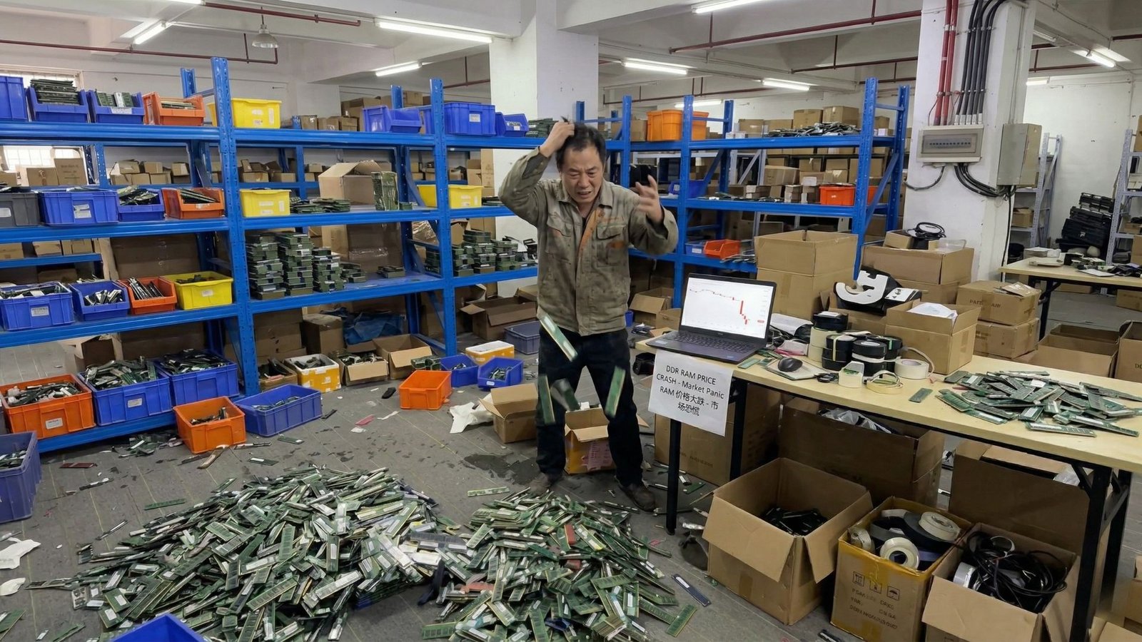 A close-up of a DDR5 RAM module, with a graph in the background showing the rapid price drop. The UK flag is visible in the corner, symbolising the impact on the UK memory industry. The image highlights the primary keyword, DDR RAM, and showcases the current state of the market.