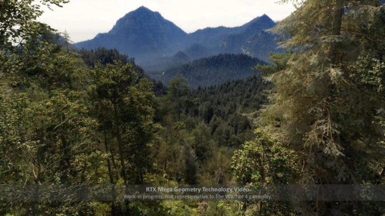 The Witcher 4's RTX Mega Geometry foliage demo featuring a dense forest with intricate details, made possible by NVIDIA's DLSS Quality technology, a significant advancement in UK gaming technology