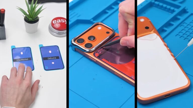 A close-up of the water-resistant adhesive on an iPhone, with a UK cityscape in the background, highlighting the importance of quality parts in Apple's products