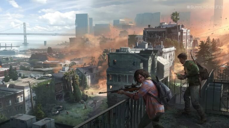The Last of Us Online game poster with a cancelled stamp, featuring the game's characters and a UK cityscape in the background, highlighting the game's potential and the disappointment of its cancellation