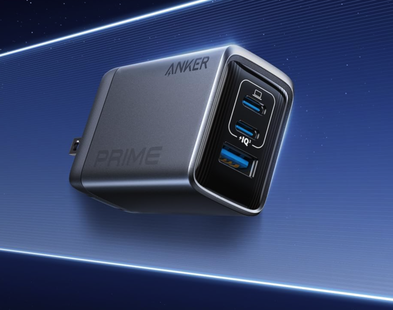 The Anker 100W GaN charger, featuring a compact design and multiple USB ports, including two USB-C and one USB-A, available on Amazon UK with GaN technology for efficient charging