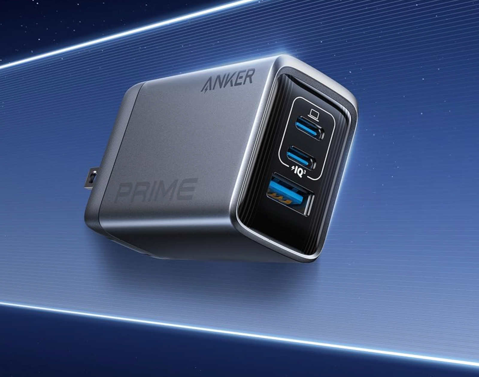 The Anker 100W GaN charger, featuring a compact design and multiple USB ports, including two USB-C and one USB-A, available on Amazon UK with GaN technology for efficient charging