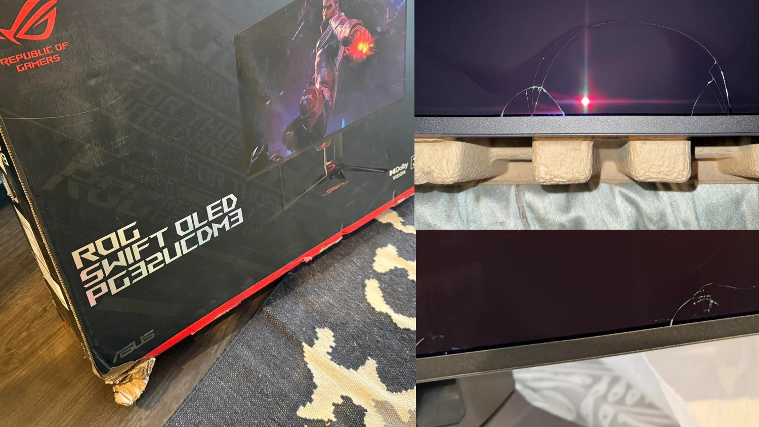 ASUS PG32UCDM3 QD-OLED Monitor Damaged Due to Poor UK Packaging 1 A damaged ASUS PG32UCDM3 QD-OLED 4K monitor with a cracked screen, highlighting the need for proper packaging to prevent such damage during shipping in the UK, with a focus on the QD-OLED technology