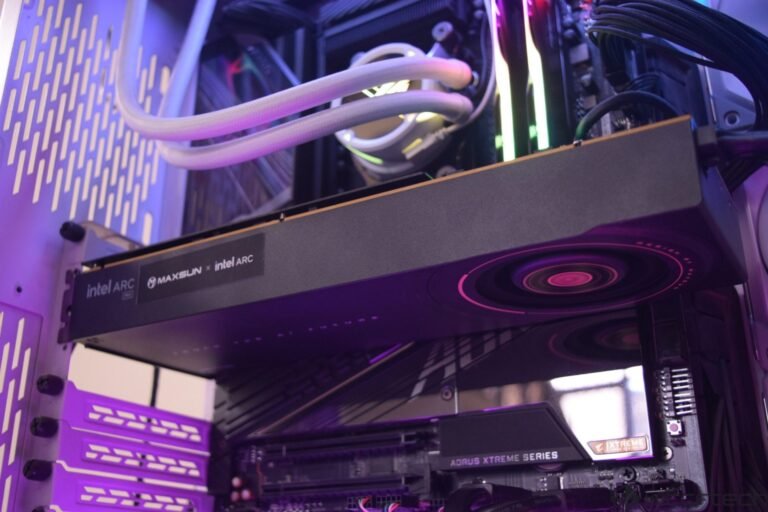 Featured image of Intel Arc Pro B60 graphics card, showcasing its sleek design and dual GPUs, a significant player in the UK's AI-driven tech landscape, offering high-performance computing and graphics processing