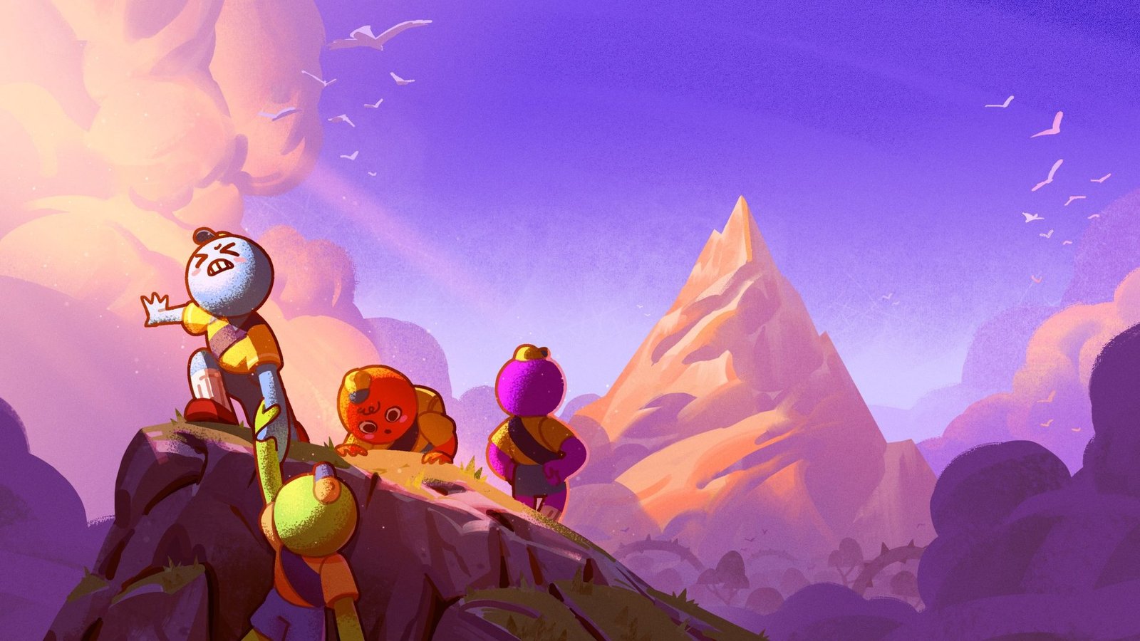 UK Gamers: PEAK Developers Share Thoughts on Live Service Expectations 1 A group of friends playing PEAK together, climbing a mountain and exploring new biomes, with a beautiful UK landscape in the background, showcasing the game's unique colour palette and fun gameplay