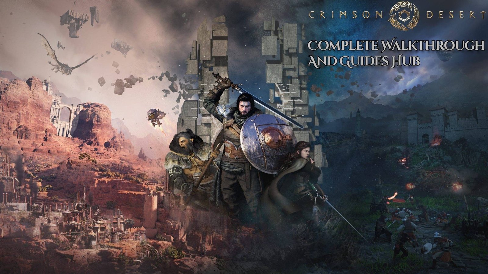 Explore Crimson Desert in the UK: A Comprehensive Guide to Bosses, Gold Bars & More 1 Featured image of Crimson Desert's vast open-world, showcasing its stunning environments and mythical creatures, with a glimpse of the Greymane mercenaries in action, set against the backdrop of a war-torn Pywel, with the primary keyword Crimson Desert naturally included