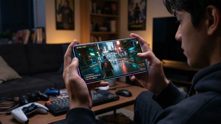 A close-up of the Snapdragon 8 Elite Gen 5 processor, with a UK gamer in the background enjoying a seamless AAA gaming experience on their Android device, courtesy of the powerful SoC