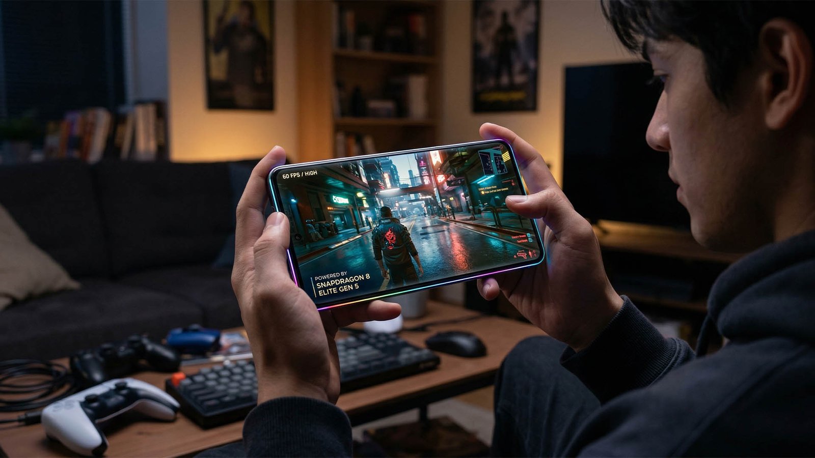Unleashing AAA Gaming on Android: Snapdragon 8 Elite Gen 5 in the UK 1 A close-up of the Snapdragon 8 Elite Gen 5 processor, with a UK gamer in the background enjoying a seamless AAA gaming experience on their Android device, courtesy of the powerful SoC