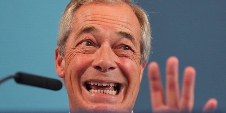 Nigel Farage, leader of Reform UK, speaking at a rally, with a mixed crowd of supporters and protesters in the background, highlighting the party's struggles to gain widespread support and the challenges it faces in the UK's dynamic political landscape