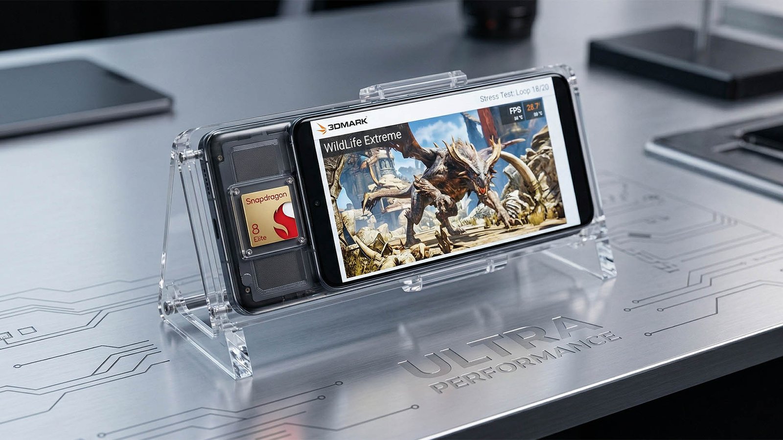 A close-up of a smartphone's cooling system, with a vapor chamber and liquid cooling solution, highlighting the advanced technology used to push the performance limits of chipsets like the Snapdragon 8 Elite Gen 5, in the UK smartphone market