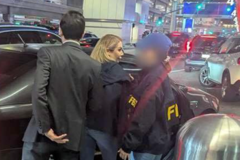 Iranian businesswoman in handcuffs, arrested at LAX for alleged arms dealing, with a background of Iranian flags and military equipment, highlighting the primary keyword of Iranian arms trade