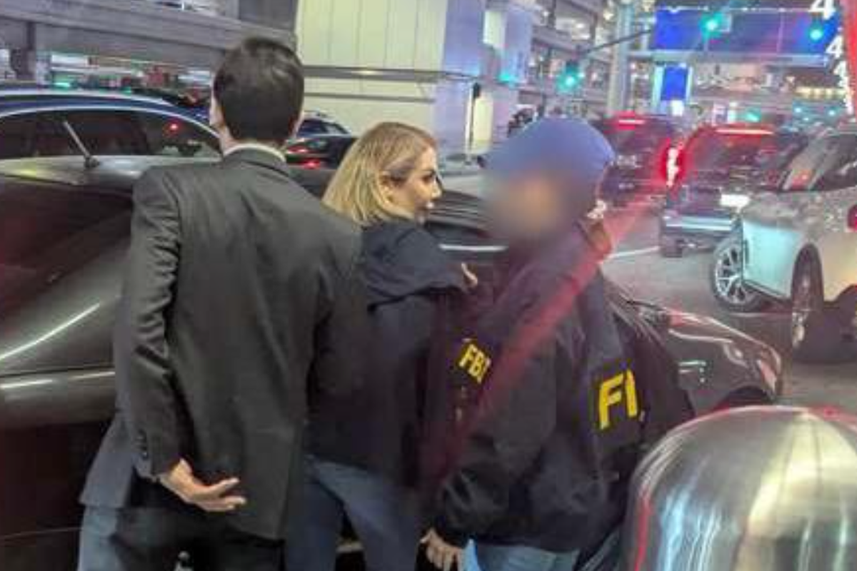 Iranian businesswoman in handcuffs, arrested at LAX for alleged arms dealing, with a background of Iranian flags and military equipment, highlighting the primary keyword of Iranian arms trade