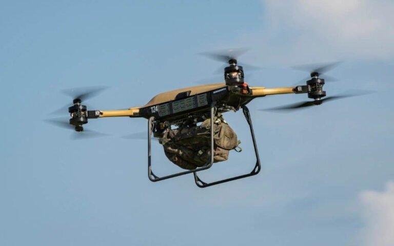 Aerial view of a destroyed bridge, with a drone flying in the background, the primary keyword being drone strikes, the image depicts the aftermath of a drone attack on a Russian-controlled bridge