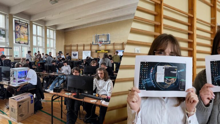 Students in a UK school gathered around a computer, eagerly watching as a CPU is overclocked to its maximum potential, with a large screen display showing the hardware's performance and behaviour, showcasing the colour and excitement of these competitions