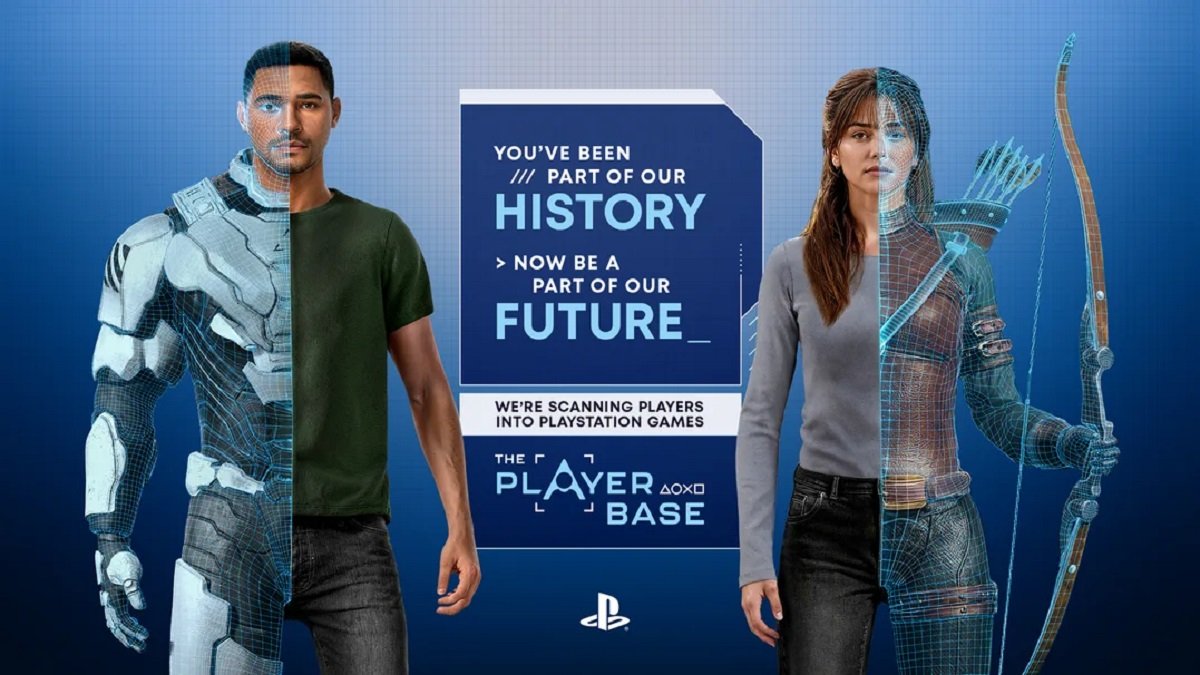 A person being scanned into a video game, with a PlayStation controller in the foreground, highlighting the innovative technology behind The Playerbase program, which is set to change the face of gaming in the UK